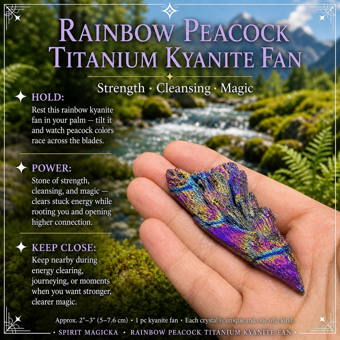 Rainbow kyanite fan resting across an open palm beside a mountain stream