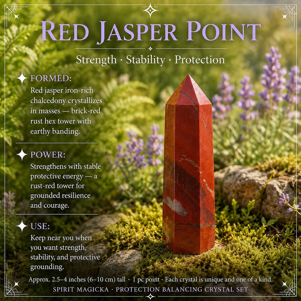 Brick-red six-sided red jasper point standing on moss among lavender