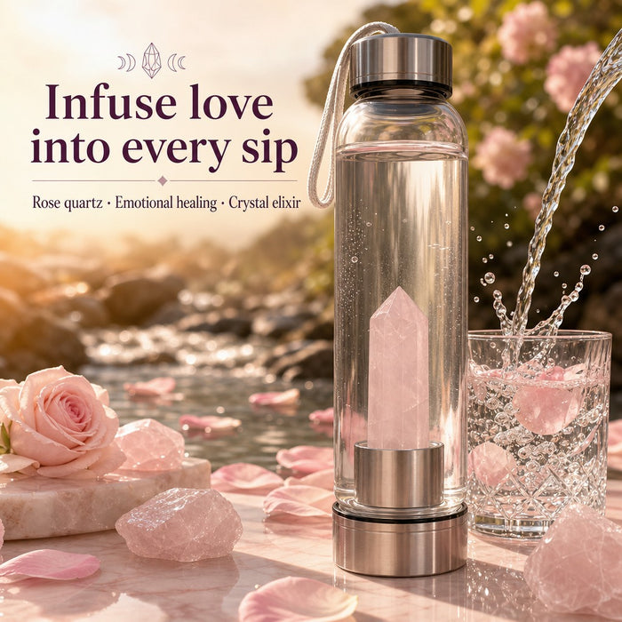 Water bottle with a pale pink rose quartz point insert among roses and petals