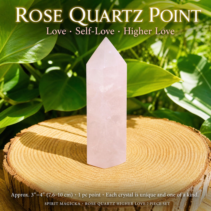 Polished pale pink rose quartz point standing on a wood slice