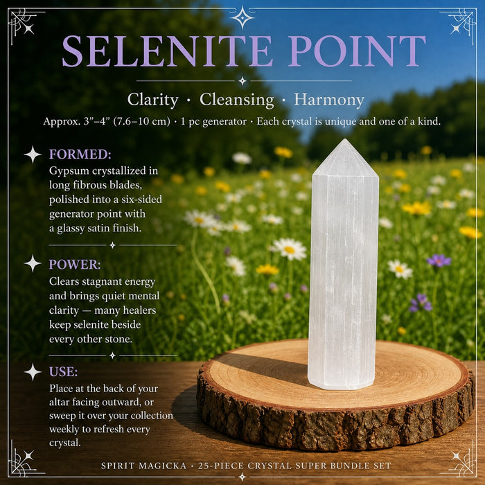 A white selenite generator point standing on a wood slice