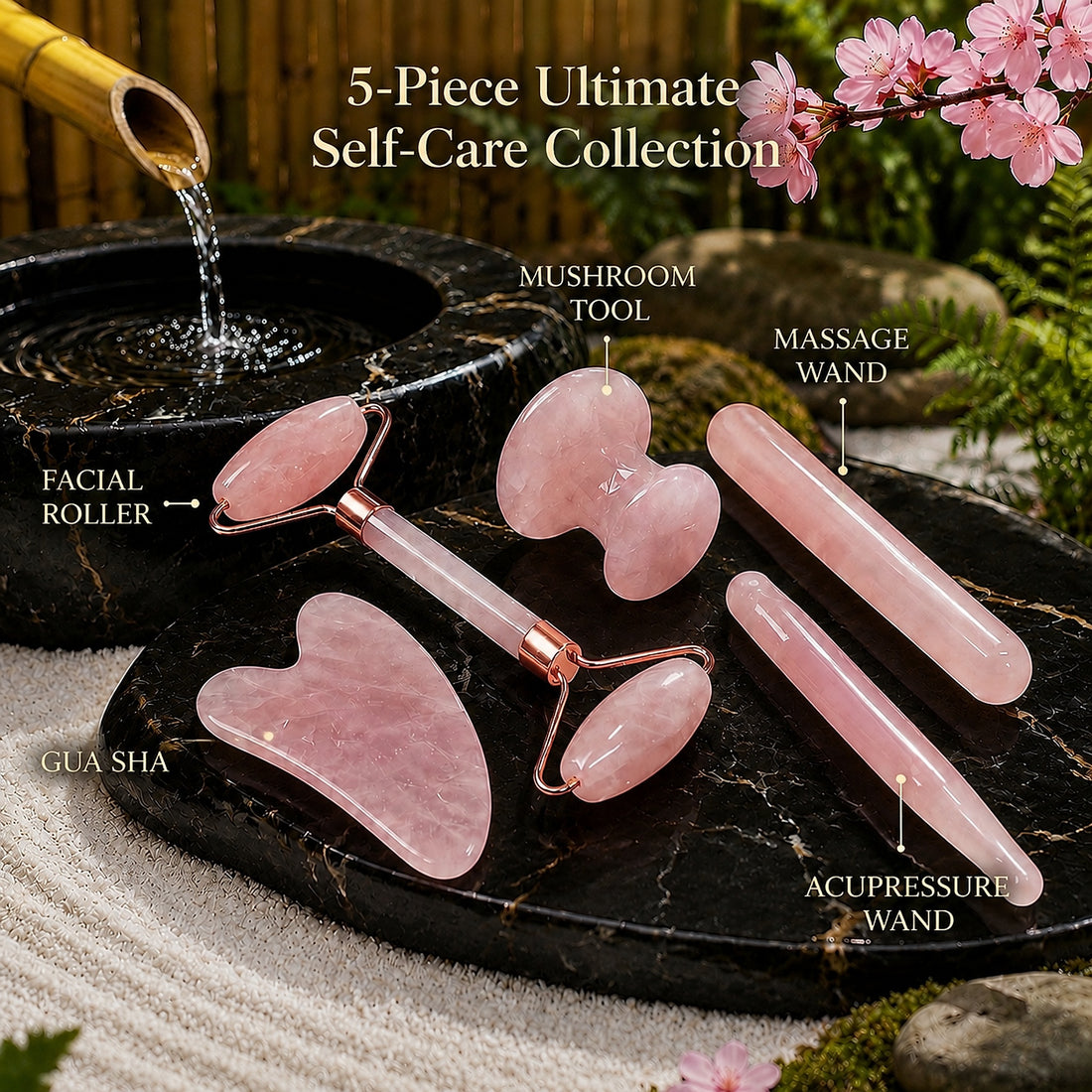The five rose quartz tools laid out on black marble and labeled: facial roller, gua sha, mushroom tool, massage wand and acupressure wand