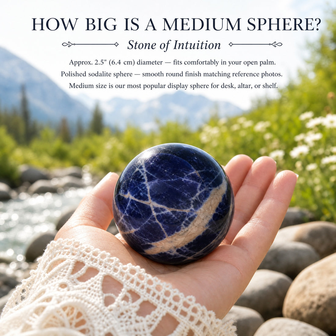 A polished blue sodalite sphere with white veins resting in an open palm beside a mountain stream