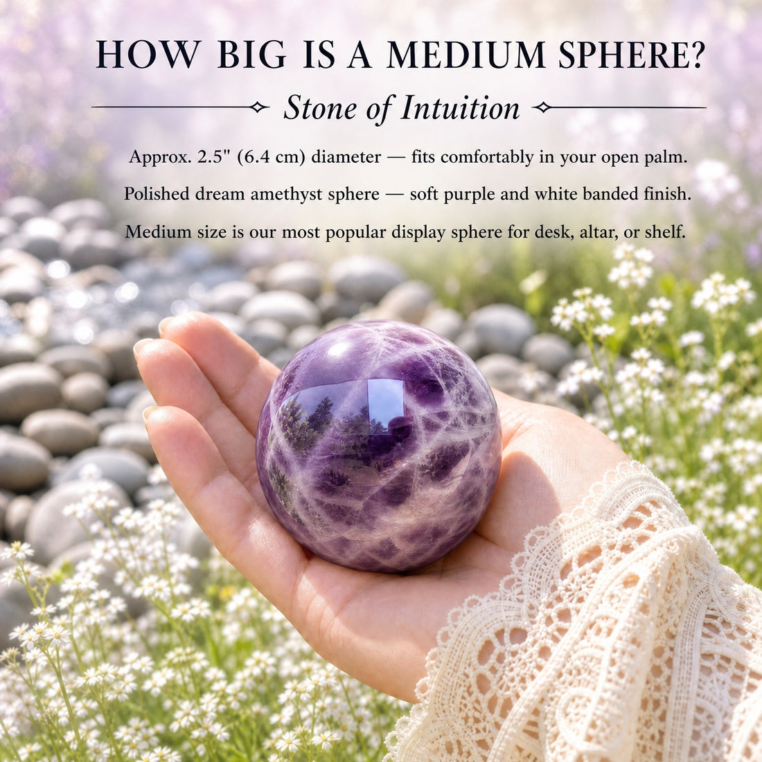 A polished purple and white banded dream amethyst sphere resting in an open palm