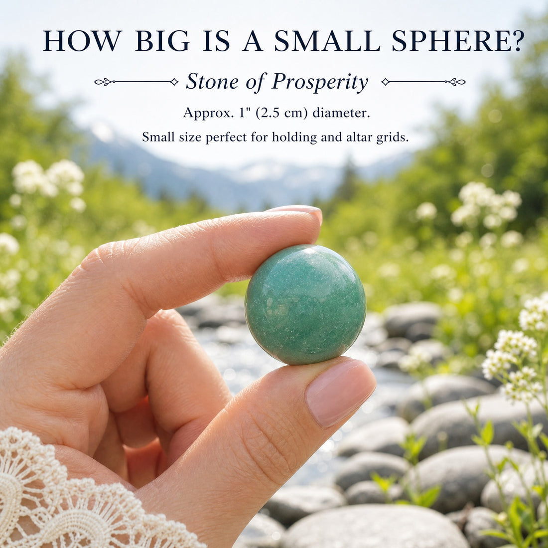 A small polished green aventurine sphere held between finger and thumb beside a mountain stream