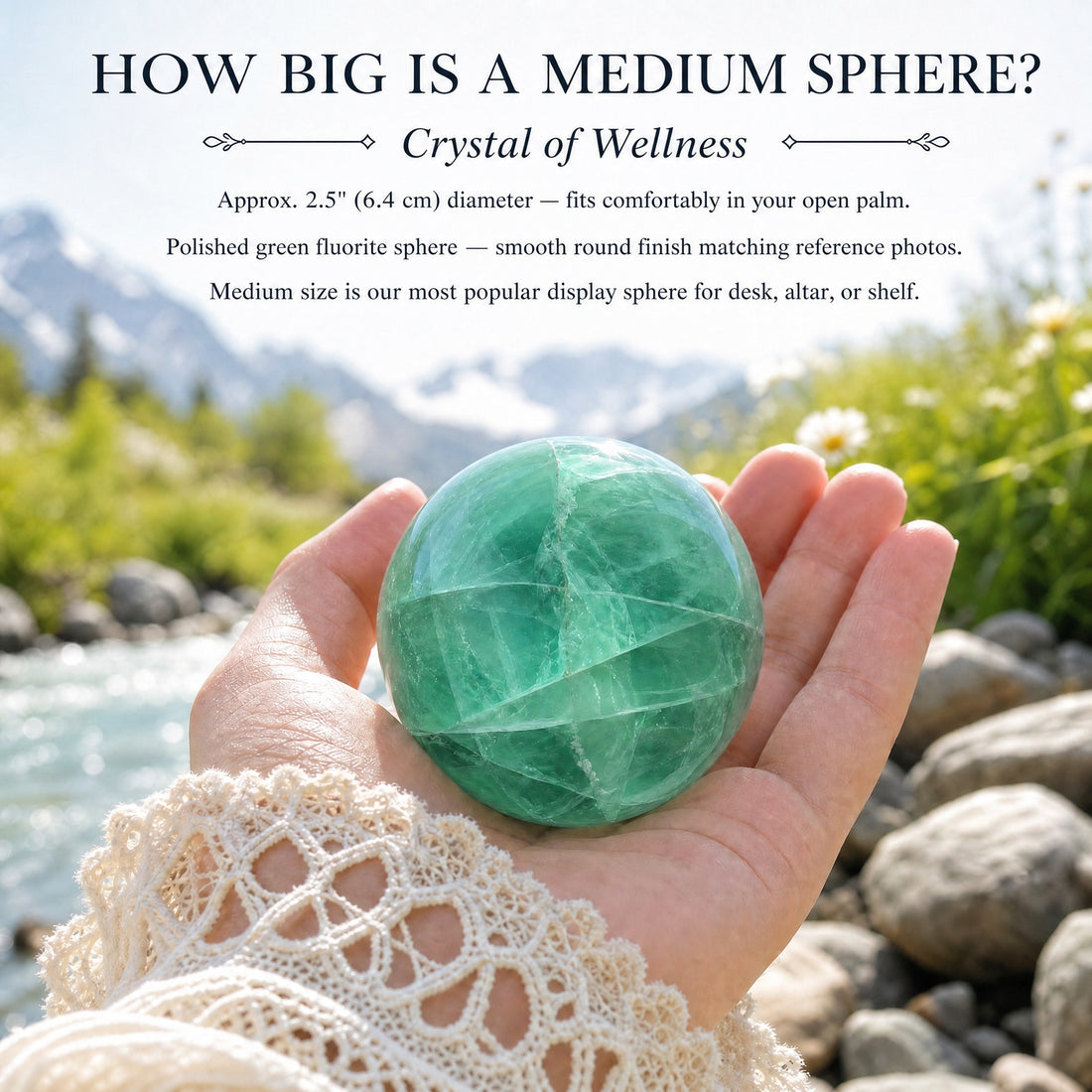 Medium green fluorite sphere resting in an open palm beside a mountain stream