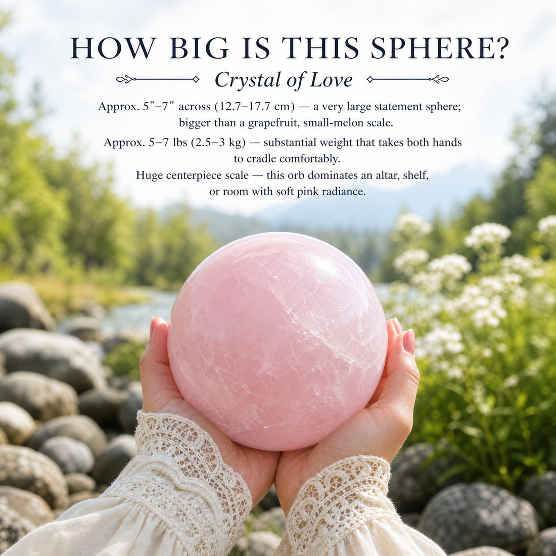A large pink rose quartz sphere cradled in two hands outdoors, with its size noted above