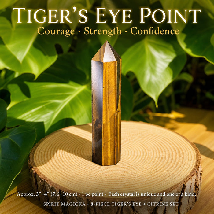 Polished tiger's eye point standing on a wood slice