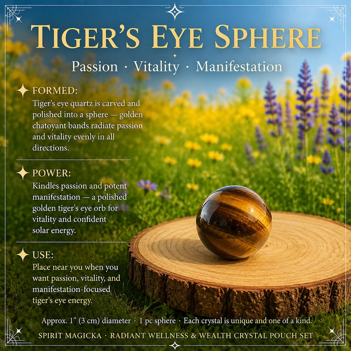 A small polished tiger's eye sphere with golden bands on a wooden slice