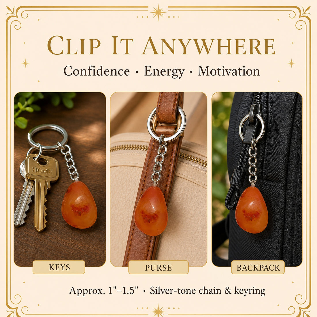 The carnelian keychain shown three ways: on a ring of house keys, clipped to a purse strap and hanging from a backpack zip