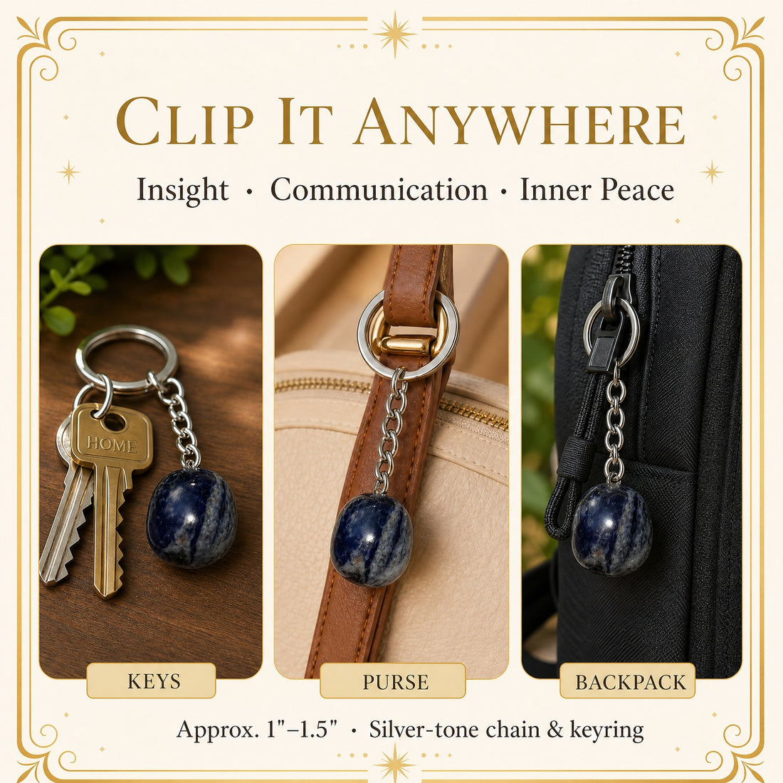The sodalite keychain shown three ways: on a set of house keys, clipped to a purse strap and hanging from a backpack zipper
