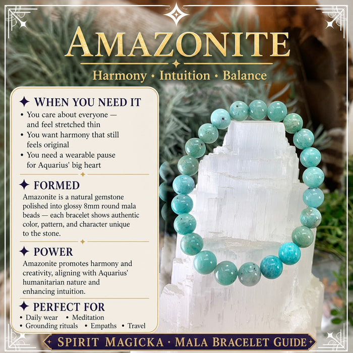 Amazonite bead bracelet in soft sea-green beads on a selenite block