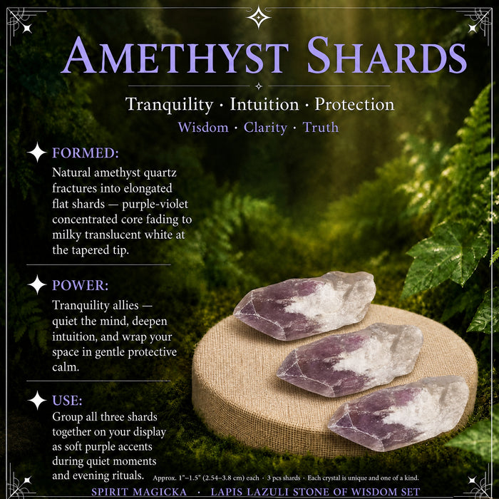 Three purple and white amethyst shards on a linen stand