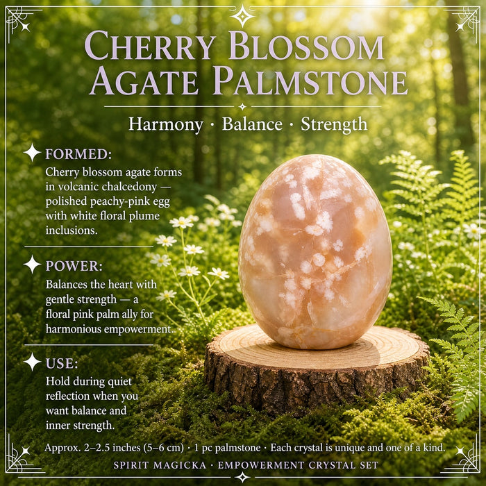 A peach cherry blossom agate palmstone with white flower-like inclusions on a wood slice