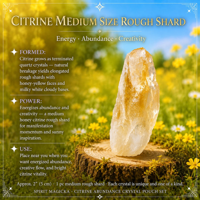 A tall honey-yellow citrine rough shard standing on a wooden round