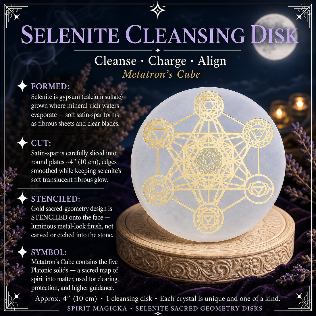 The selenite disk with its gold Metatron’s Cube design, beside notes on how it is formed, cut and stenciled