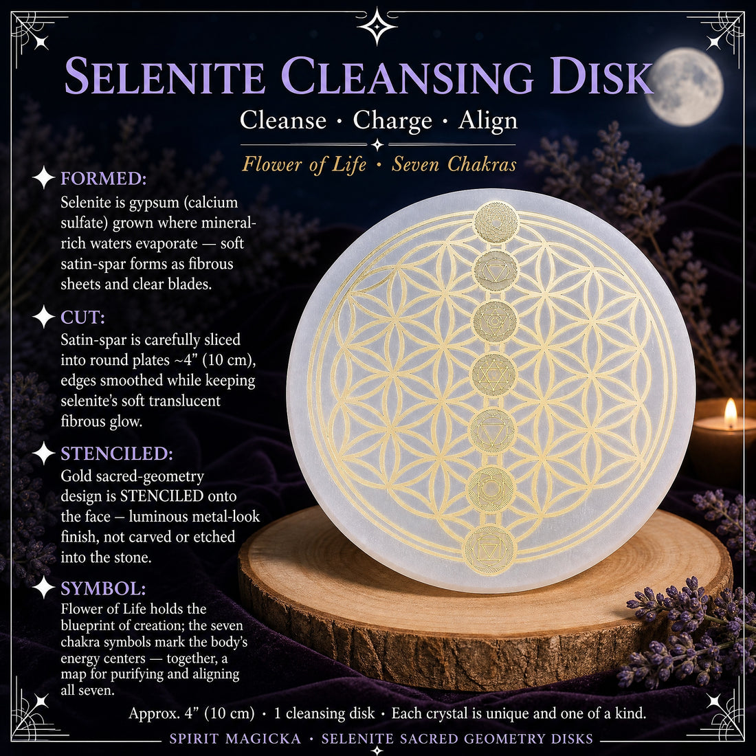 The round white selenite disk with a gold Flower of Life pattern and seven chakra symbols running down its center