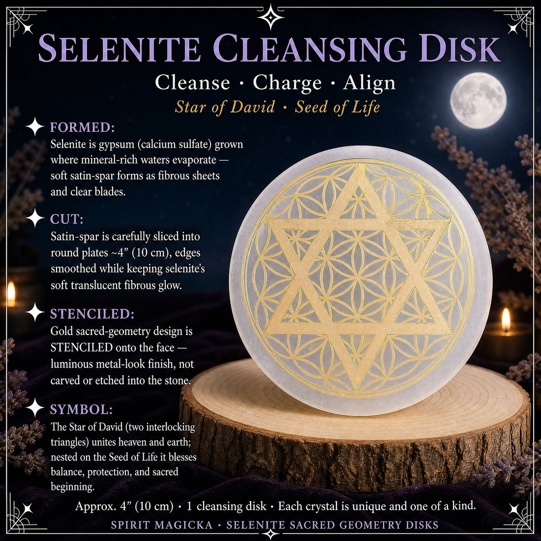 A round white selenite disk with a gold Star of David over the Seed of Life pattern, standing on a wood slice under a full moon