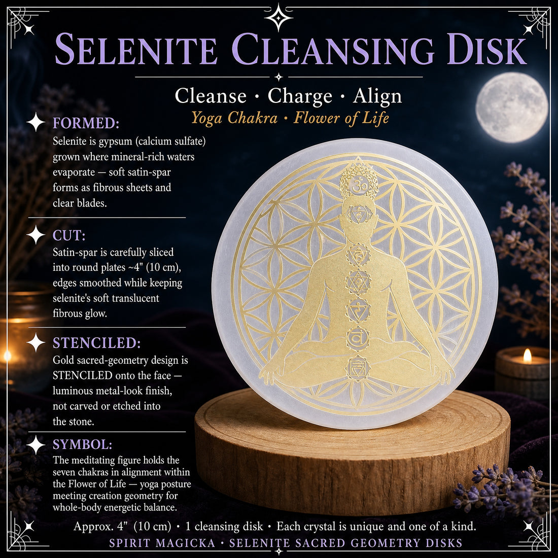 Round white selenite disk with a gold Flower of Life and a seated yoga figure showing the seven chakra symbols