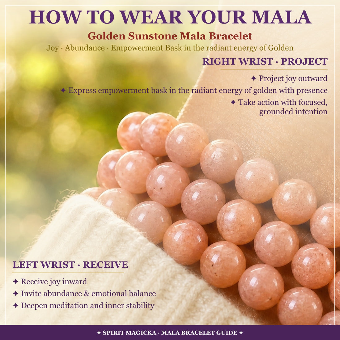 Golden sunstone bead bracelets worn stacked on a wrist above a cream knit sleeve, with a guide to wearing on the left or right wrist