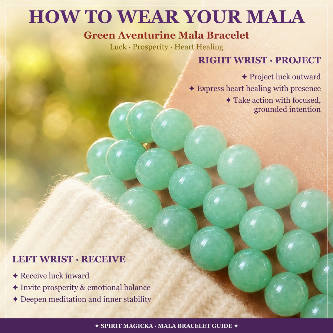 Green aventurine bead strands worn on a wrist beside a cream knit sleeve, with a guide to wearing the mala on the left or right wrist