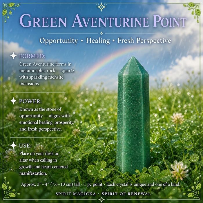 A six-sided Green Aventurine point standing in dewy clover