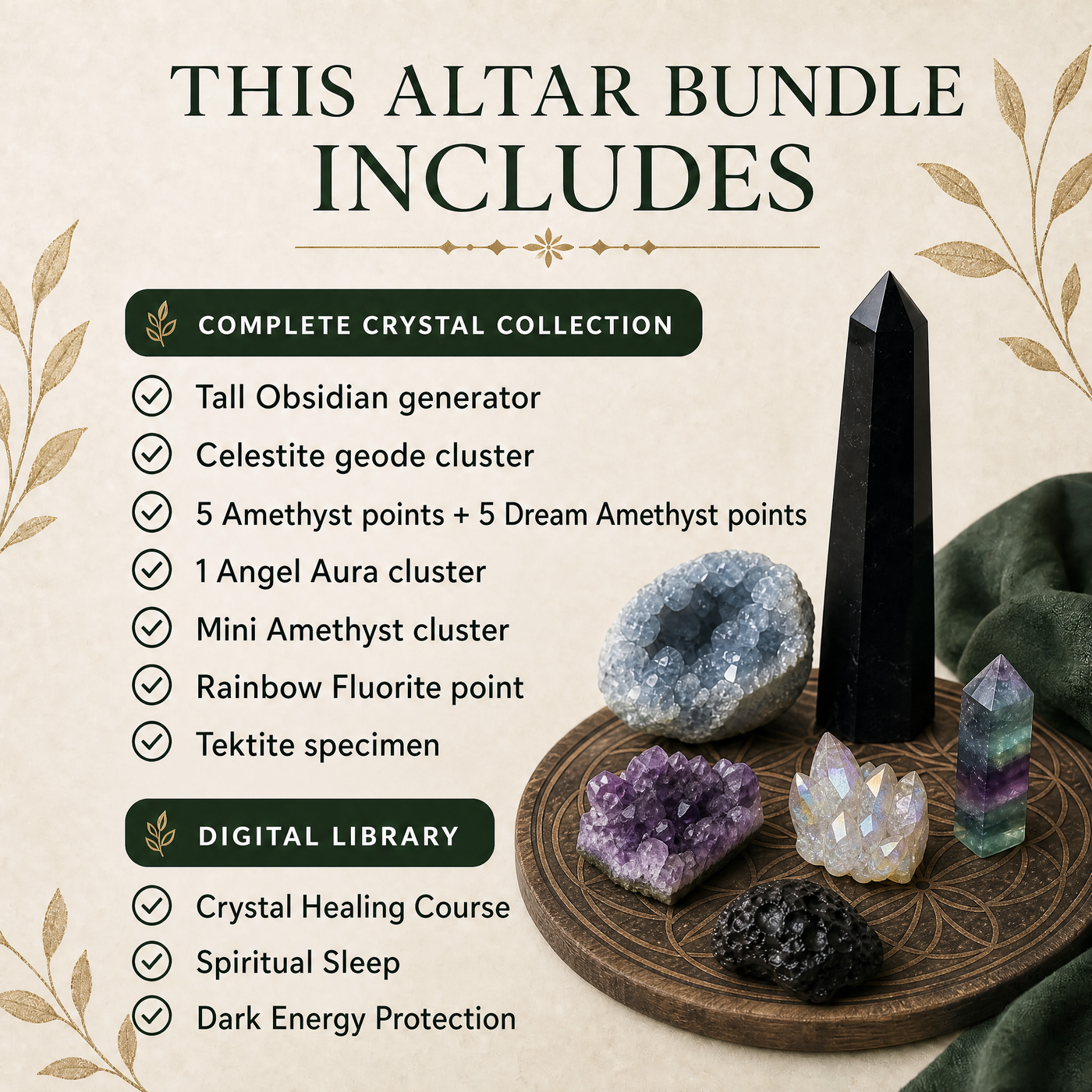 What's included in the Obsidian Generator altar bundle: crystals plus Crystal Healing Course, Spiritual Sleep, and Dark Energy Protection