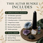 What's included in the Obsidian Generator altar bundle: crystals plus Crystal Healing Course, Spiritual Sleep, and Dark Energy Protection