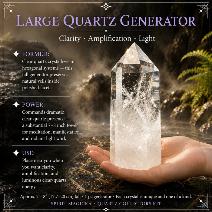 The large clear quartz generator resting upright on an open palm, its point catching a rainbow