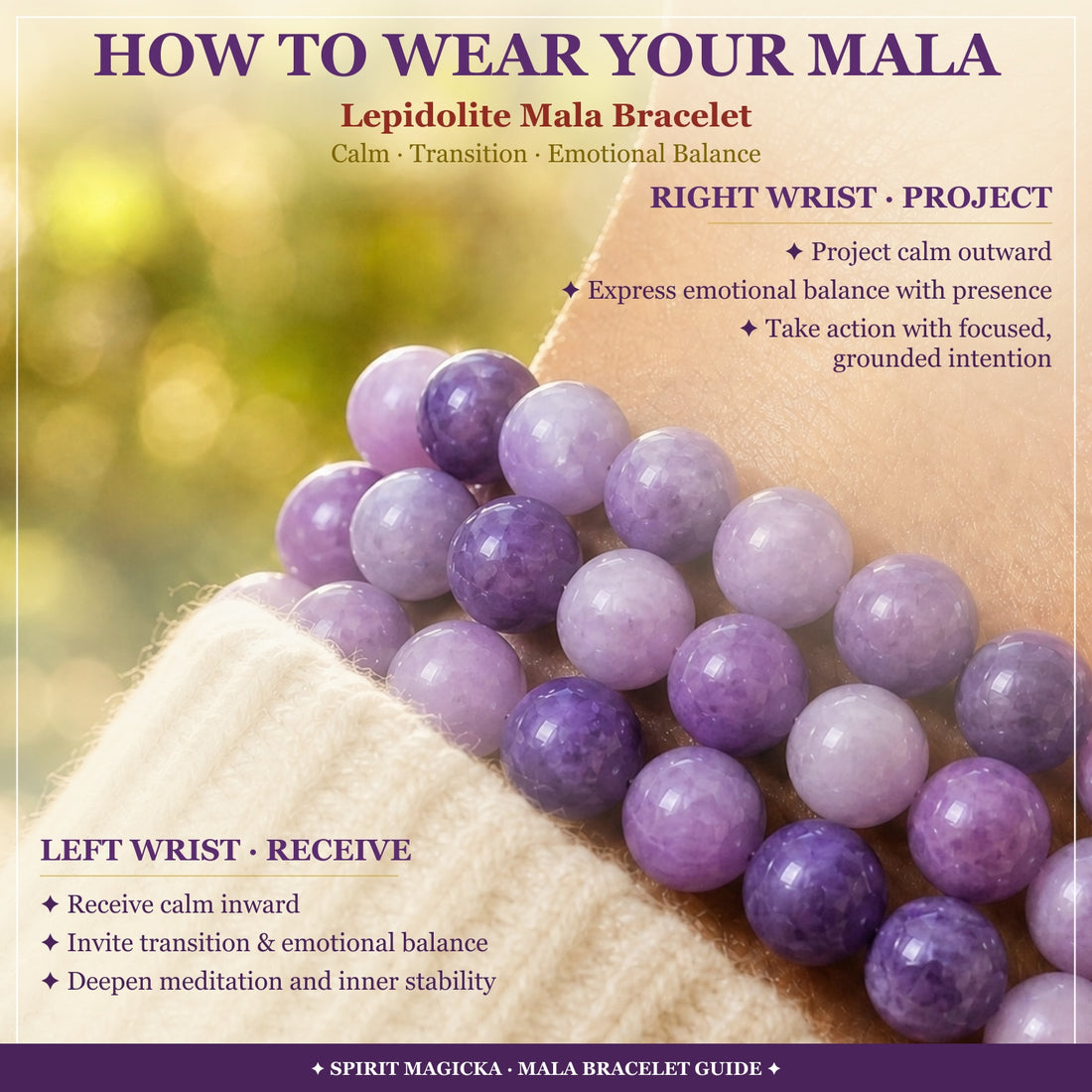 Lepidolite bead bracelets worn stacked on a wrist above a cream knit sleeve, with a guide to wearing on the left or right wrist