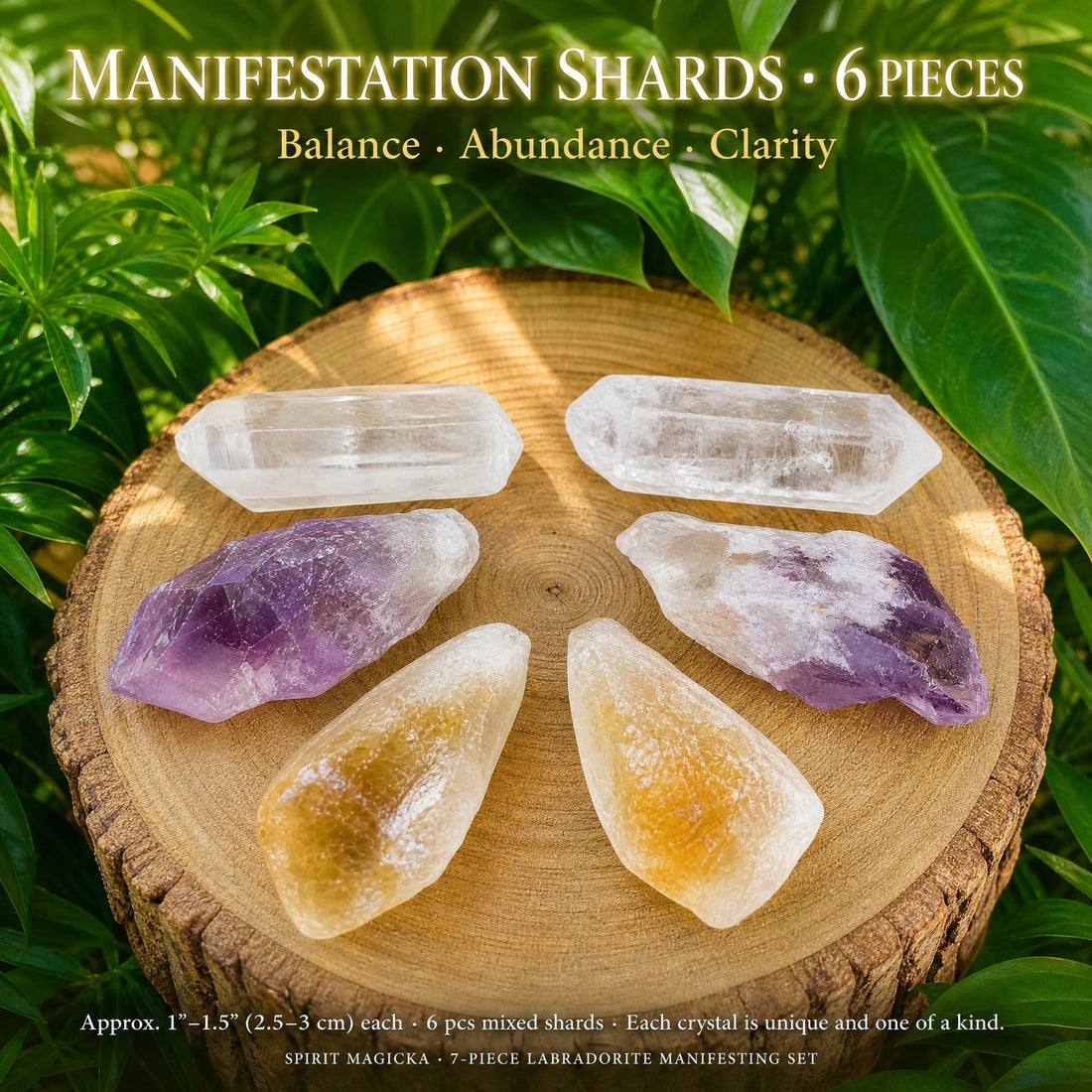 Six raw shards on a wooden round: two clear quartz, two amethyst and two citrine