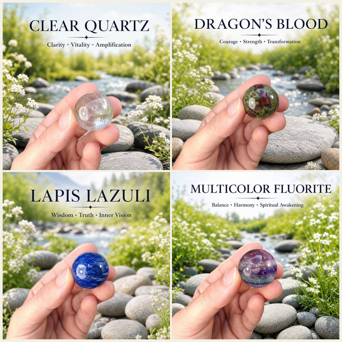 Clear quartz, dragon’s blood, lapis lazuli and multicolor fluorite mini spheres each held between finger and thumb