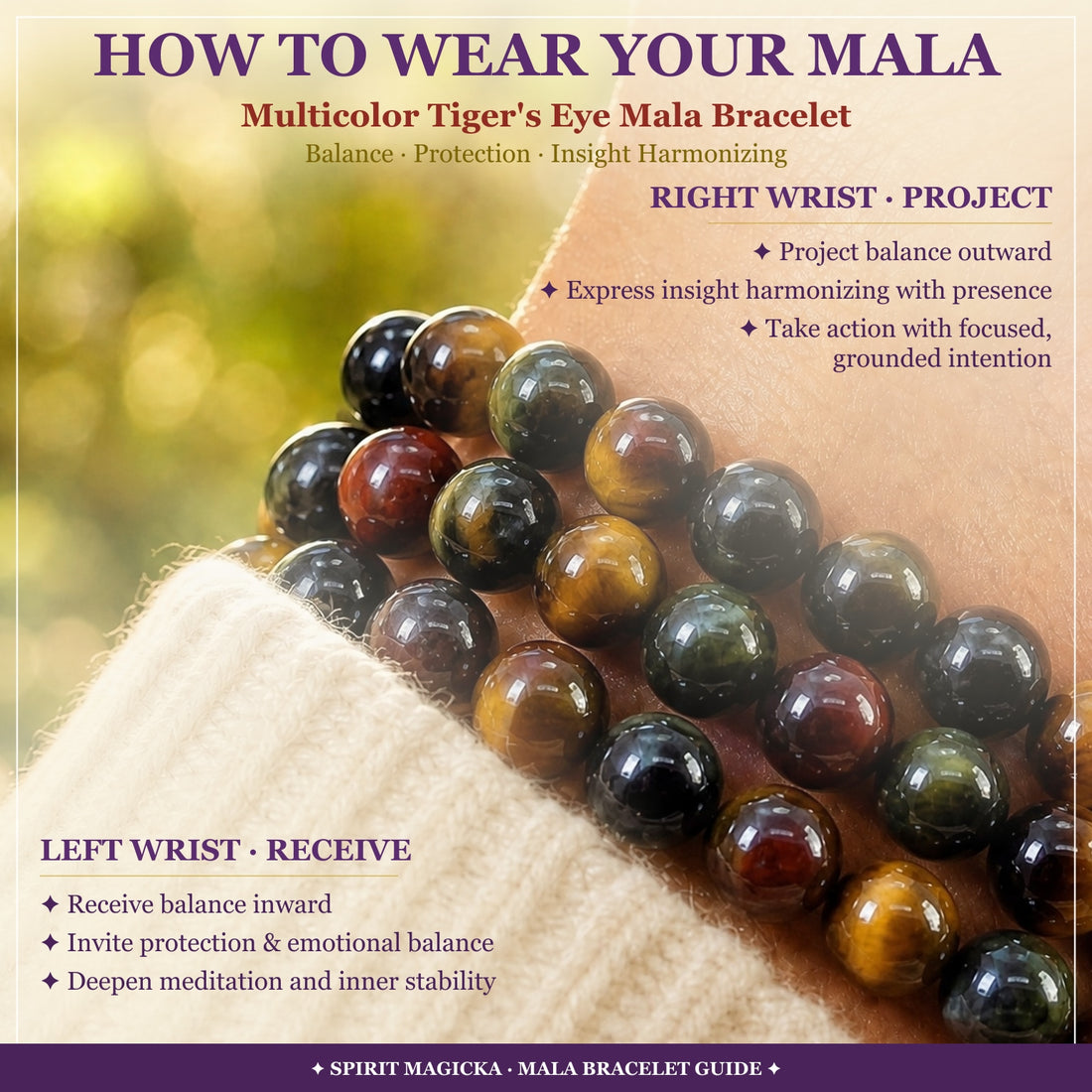 Multicolor tiger's eye bead strands worn on a wrist beside a cream knit sleeve, with a guide to wearing the mala on the left or right wrist