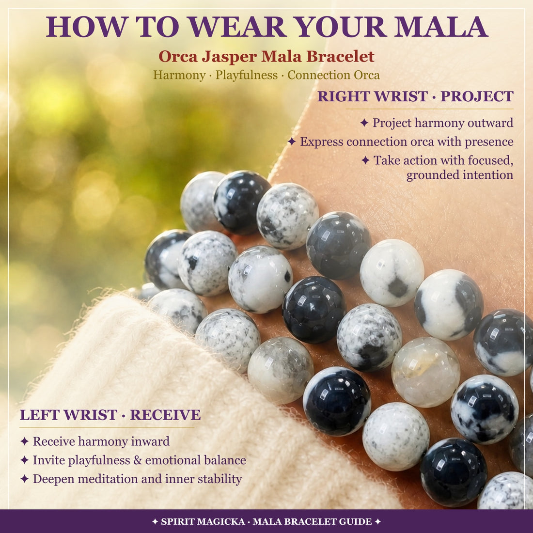 How to wear your mala guide: close-up of Orca Jasper beads with notes for wearing it on the left or right wrist