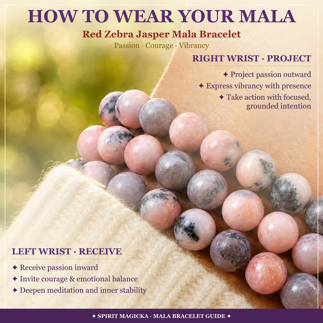 How to wear your mala guide: close-up of Red Zebra Jasper beads with notes for wearing it on the left or right wrist