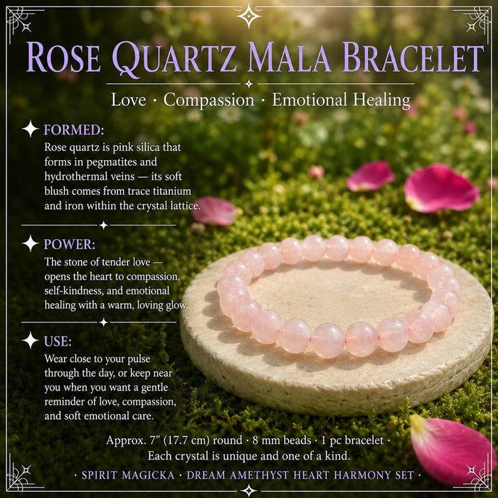 The rose quartz mala bracelet of round pink beads on a stone disc, with a guide card listing love, compassion and emotional healing