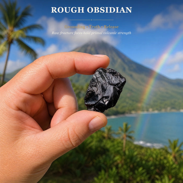 A rough piece of obsidian with glassy fracture faces held between finger and thumb