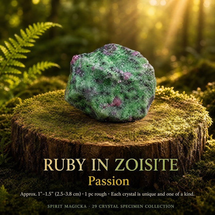 Rough ruby in zoisite, green with pink-red flecks, on a mossy stump
