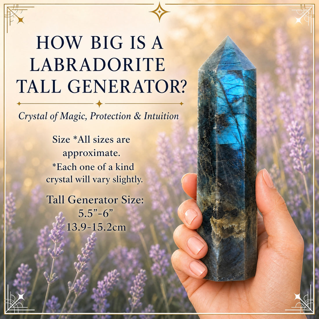 A hand holding the labradorite tall generator upright, the point rising well above the fingertips