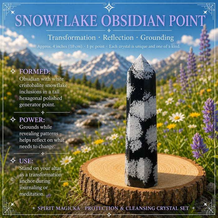 Tall black snowflake obsidian point with white snowflake patterns