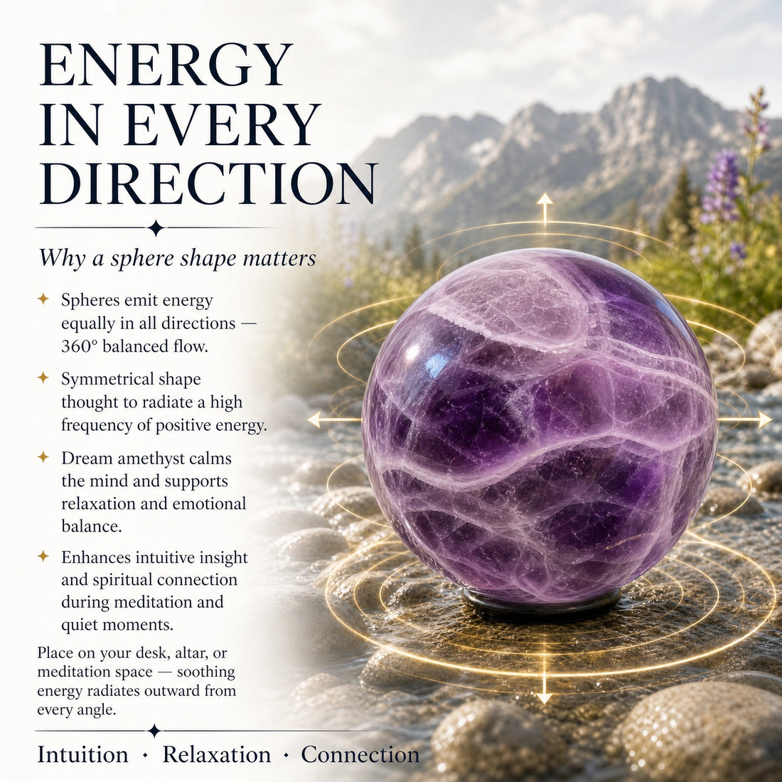 A dream amethyst sphere on a stand by a mountain stream, with golden rings illustrating energy radiating in every direction