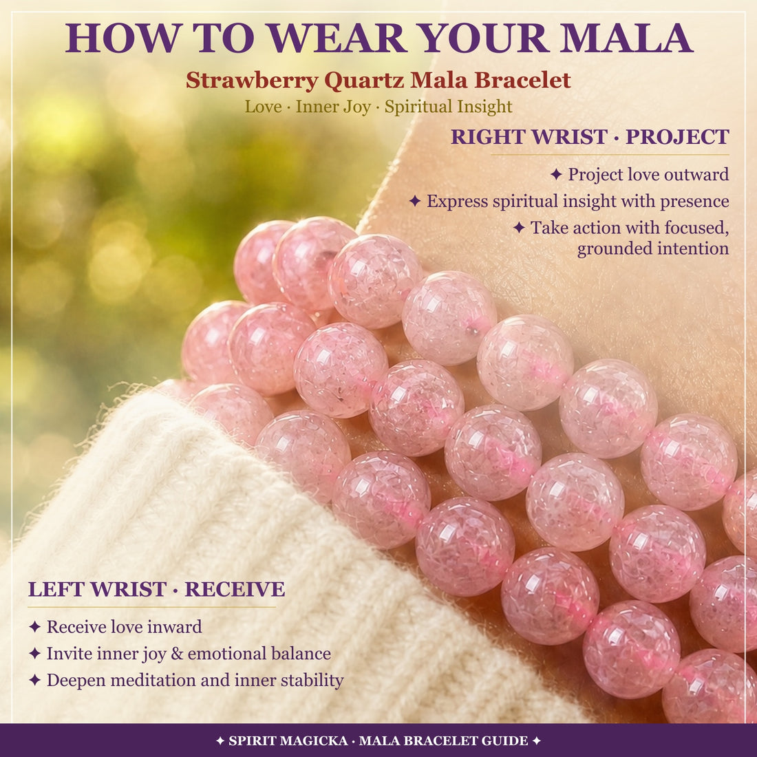 Strawberry quartz bead strands beside a cream knit sleeve, with a guide to wearing the mala on the left or right wrist