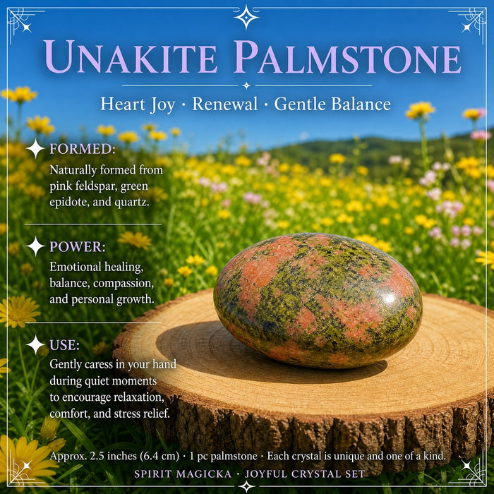 A smooth green and pink unakite palmstone on a wooden slice