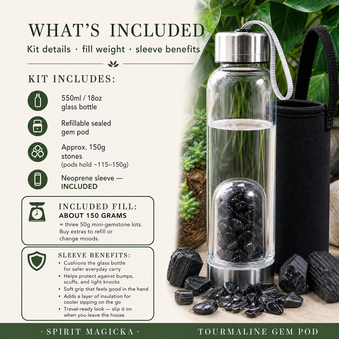 The tourmaline gem pod bottle beside the black neoprene carry sleeve, with loose black tourmaline stones in front
