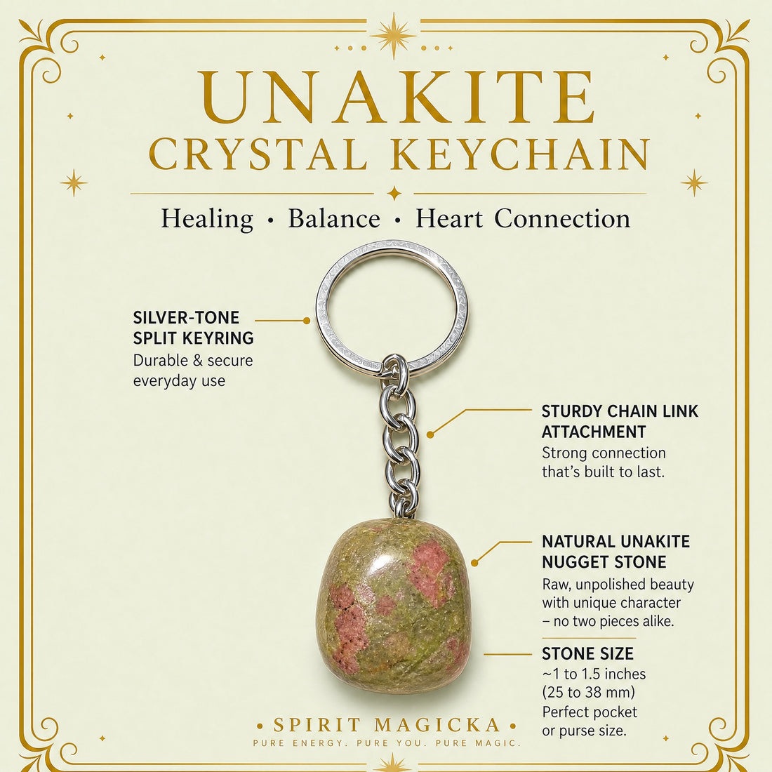 A green and pink unakite stone hanging from a silver-tone chain and split keyring
