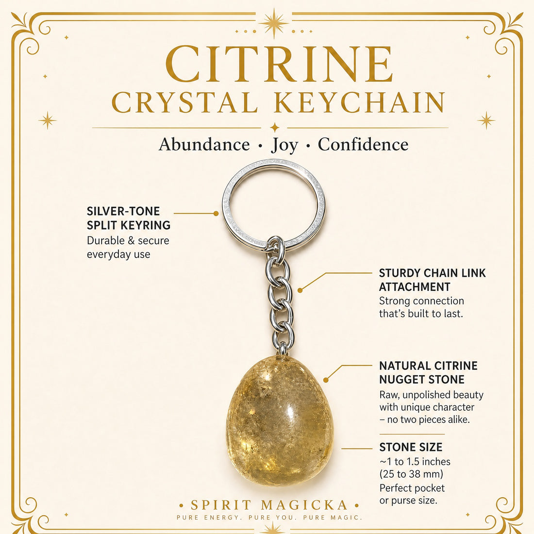 A golden citrine stone on a silver-tone chain and split keyring