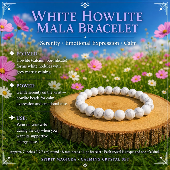 A white howlite bead mala bracelet with grey veining on a wood round
