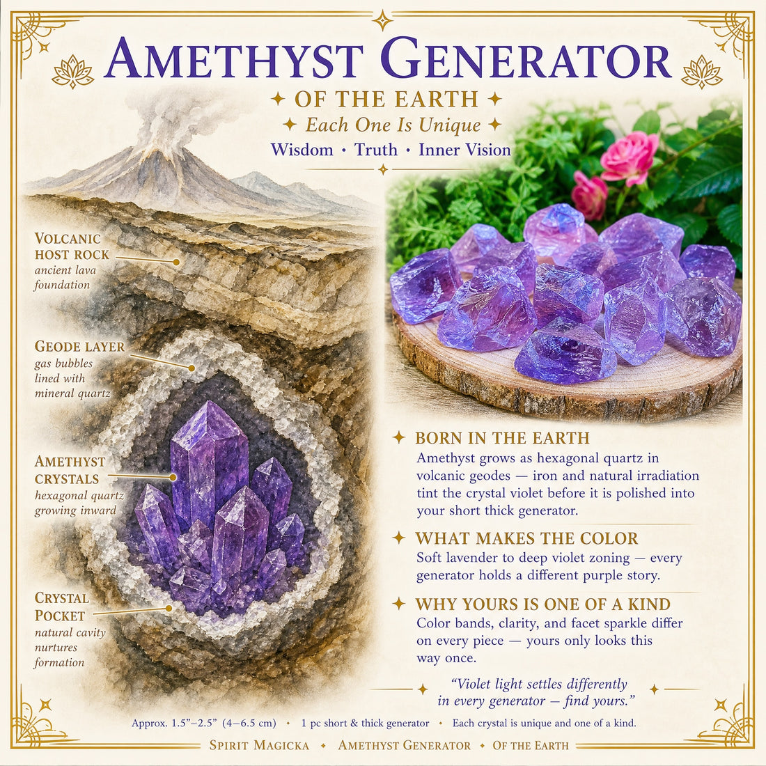 Illustrated cross-section of a volcanic geode lined with amethyst crystals, beside rough violet amethyst on a wooden slice