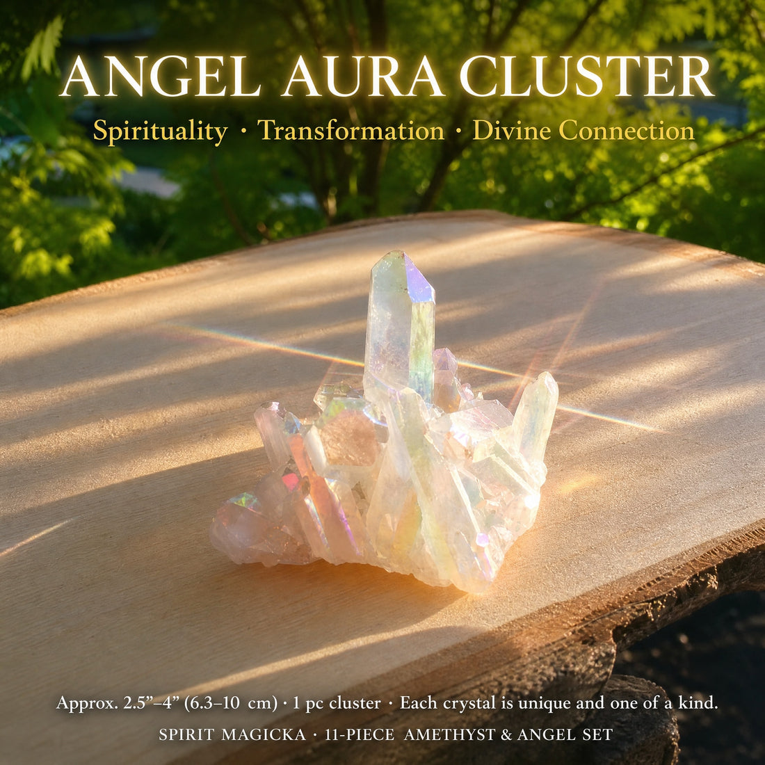 Angel Aura quartz cluster with pearly rainbow points on a wooden slab in sunlight