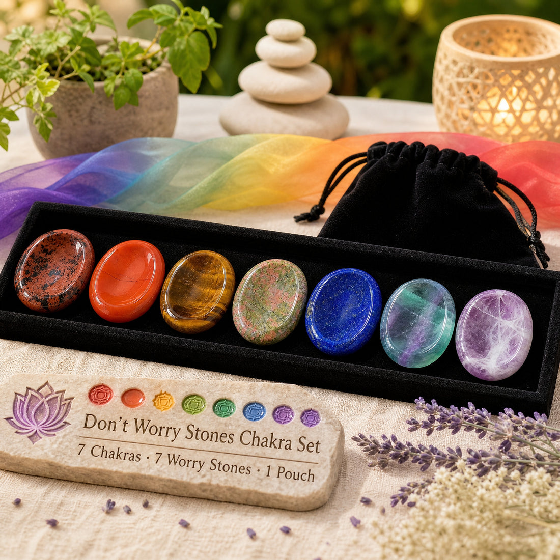 Seven polished chakra worry stones in a row, from red obsidian to dream amethyst, beside a black velvet drawstring pouch